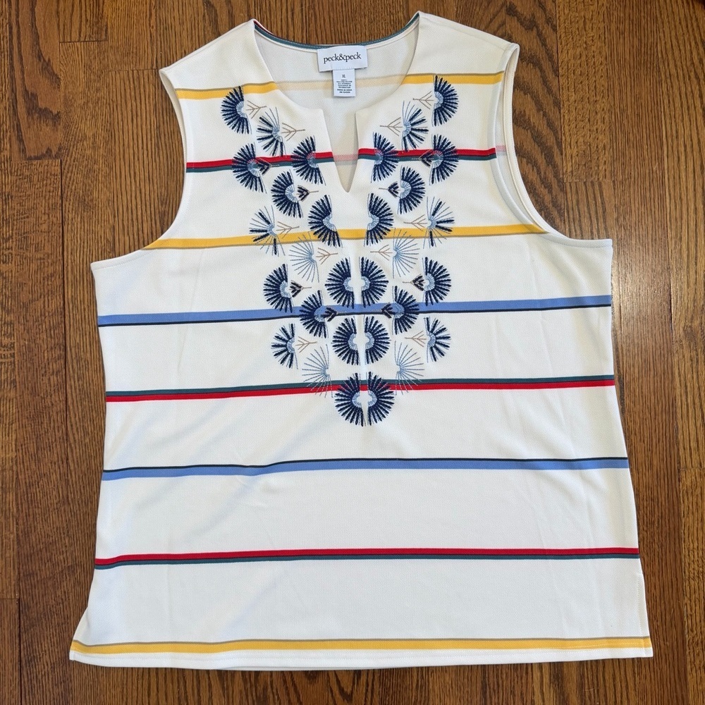 Peck & Peck Off White Multicolor Stripes Embroidered Tank V Cut Size XL